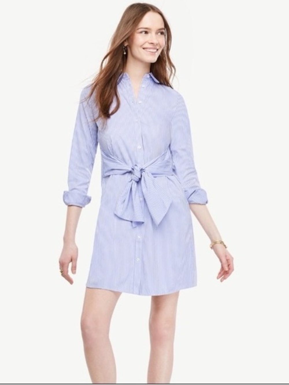 Ann Taylor Tie Waist Blue Stripe Shirt Dress